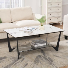 chairus Coffee Table Marble Pattern Living Room Table with Two Shelves, Modern Side Table, Sofa Table for Living Room/Bedroom/Salon, White