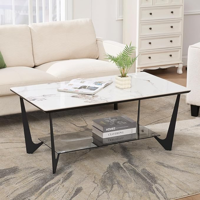 chairus Coffee Table Marble Pattern Living Room Table with Two Shelves, Modern Side Table, Sofa Table for Living Room/Bedroom/Salon, White