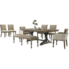 Roundhill Furniture Birmingham Nailhead 8-teiliges Tisch mit Nagelkopf Bank und Sessel, Essgruppe, Treibholz