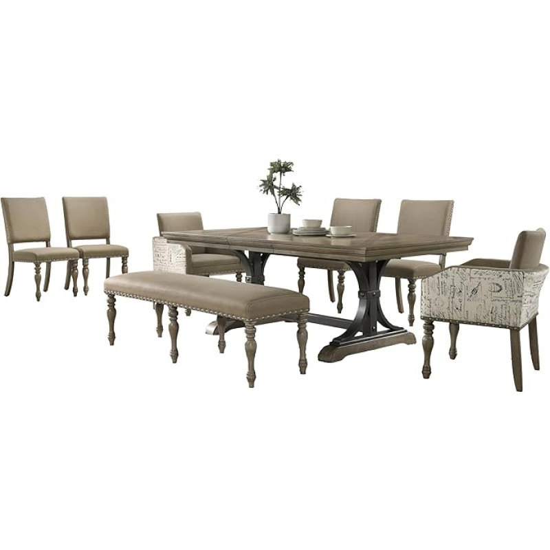 Roundhill Furniture Birmingham Nailhead 8-teiliges Tisch mit Nagelkopf Bank und Sessel, Essgruppe, Treibholz