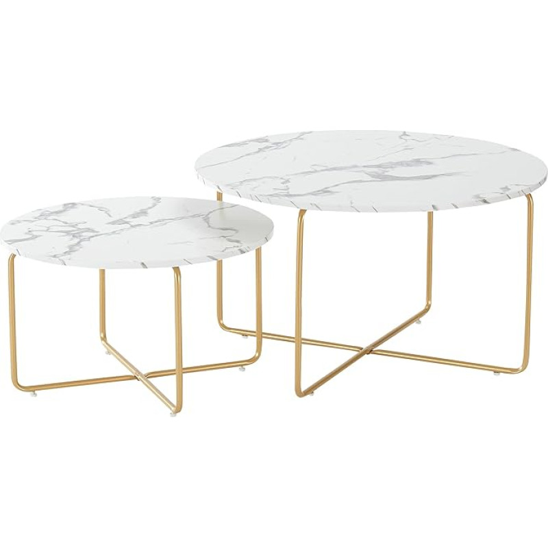 Liink1Ga Marble Coffee Table, White, Round Marble Table for Living Room, Coffee Table, Round, Set of 2, Couch Side Table, Sofa Table, Round with Champagne Gold Frame (Artificial Marble)