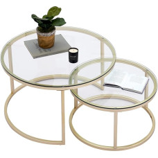Gold Coffee Table Set - 1 Large Round Table and 1 Small Side Table, Glass and Metal Frame, Modern for Living Room