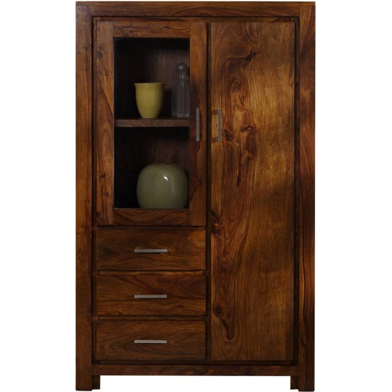 Massivmoebel24.de Metro Life Solid Highboard #108 - Honey, Varnished | Made of Sheesham Wood | 42 x 90 x 148 cm | 1 Glass Door - 1 Wooden Door - 3 Drawers | Living Room Cabinet, High Chest of Drawers