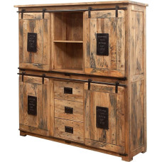 MASSIVMOEBEL24.DE Railway Solid Highboard Natural Coloured, Oiled, Mango Wood, 150 x 45 x 160 cm, with Iron, 4 Doors - 3 Drawers, Living Room Cabinet, High Chest of Drawers