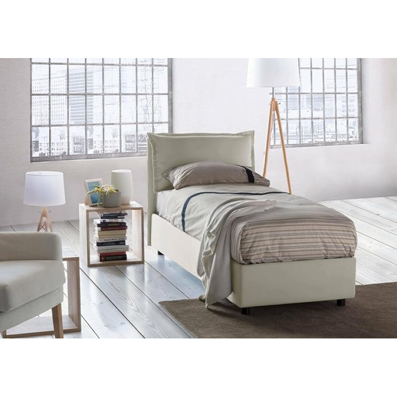 Talamo Italia Veronica Single Bed with Container, Made in Italy, Headboard and Fabric Cover, Front Opening, Fits Mattress 80 x 190 cm, Cream