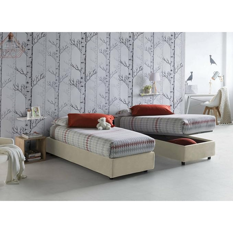 Talamo Italia - Amelia Single Bed, Container Bed with Fabric Cover, 100% Made in Italy, Front Opening, Includes Mattress Cm 80 x 190 cm, Beige