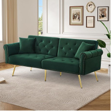 ZYLOYAL10 Modern Sofa Bed - Velvet Cover, Backrest with 3-Level Adjustment & Gold Plated Metal Feet. Stylish Sofa with Sleep Function (Green, 2 Seater)