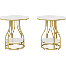 Tribesigns Side Table Round White Gold Side Table Set of 2, 2-Tier Side Table Modern Bedside Table Small Side Table with Storage Space Sofa Side Table with Metal Frame for Living Room