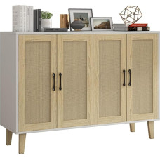 Panana Sideboard with Rattan Weave, 4 Doors, Sideboard, TV Cabinet, Drawer Chest of Drawers, Wood, Multi-Purpose Cabinet for Hallway, Bedroom, Living Room, Dining Room (White)