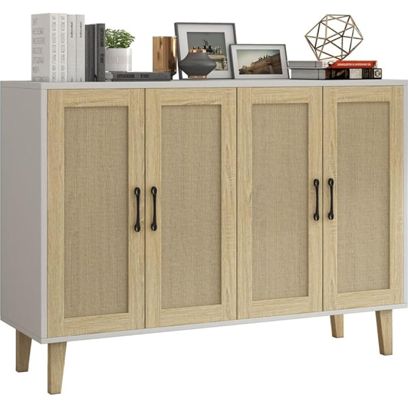 Panana Sideboard with Rattan Weave, 4 Doors, Sideboard, TV Cabinet, Drawer Chest of Drawers, Wood, Multi-Purpose Cabinet for Hallway, Bedroom, Living Room, Dining Room (White)