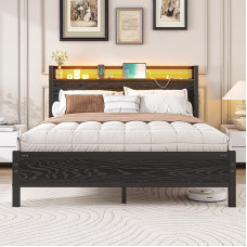 Diahomy King Size Bed Frame with LED Lights and Charging Station, Platform Bed Frame with Storage Headboard/Mattress Foundation/Metal Slat Support/No Box Spring Required