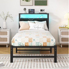 VERFARM 3ft Single Bed Frame with Wooden Storage Headboard Shelf and Charging Station/LED Lights Heavy Duty Metal Bed Frame Single No Box Spring Required Noise Free Strong