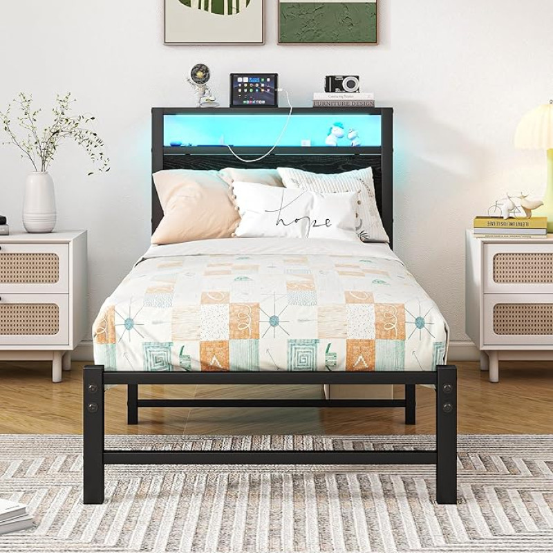VERFARM 3ft Single Bed Frame with Wooden Storage Headboard Shelf and Charging Station/LED Lights Heavy Duty Metal Bed Frame Single No Box Spring Required Noise Free Strong