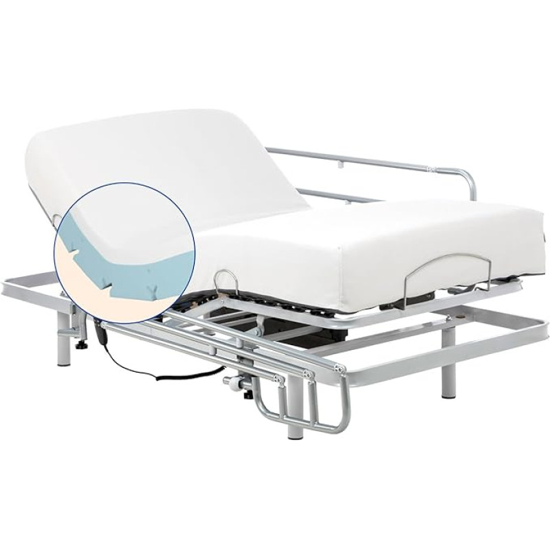 Gerialife® Electric Folding Bed Reinforced with Memory Foam Mattress of 20 cm, Cool and Soft Fabric, Double Motor (105 x 190 cm, Remote Control via Cable + Railing)