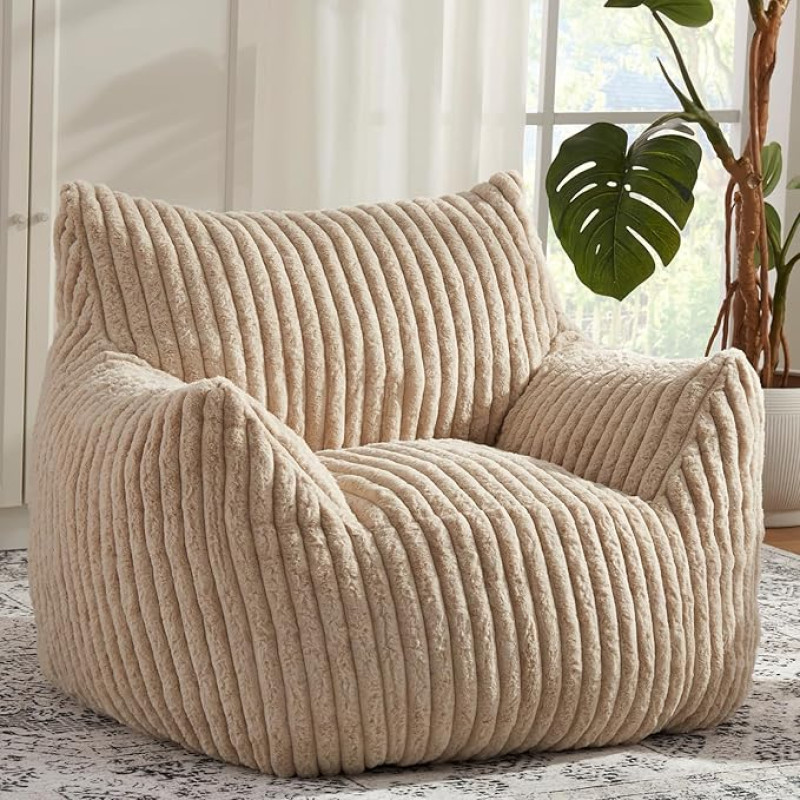 EBENCHICO Bean Bag Chairs for Adults with Filling, Fluffy Plush Bean Bag with Armrests for Teens, Comfortable Giant Bean Bag, Lazy Couch, Sofa, Chairs, Beige for Reading, Playing in