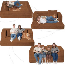 Cansunna Faltbarer Sitzsack, 3-in-1-Sitzsack, Couch, Kunstfell-Boden, Sofa, großer Schaumstoff-Sitzsack, umwandelbarer Sitzsack, Schlafsofa mit Kissen für Erwachsene (Karamell, groß)