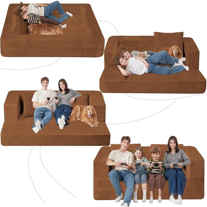 Cansunna Faltbarer Sitzsack, 3-in-1-Sitzsack, Couch, Kunstfell-Boden, Sofa, großer Schaumstoff-Sitzsack, umwandelbarer Sitzsack, Schlafsofa mit Kissen für Erwachsene (Karamell, groß)