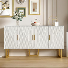 150cm Modern Luxury White Sideboard with High Gloss Textured Doors and Gold Handles, 4 Door Design, Height Adjustable Shelves