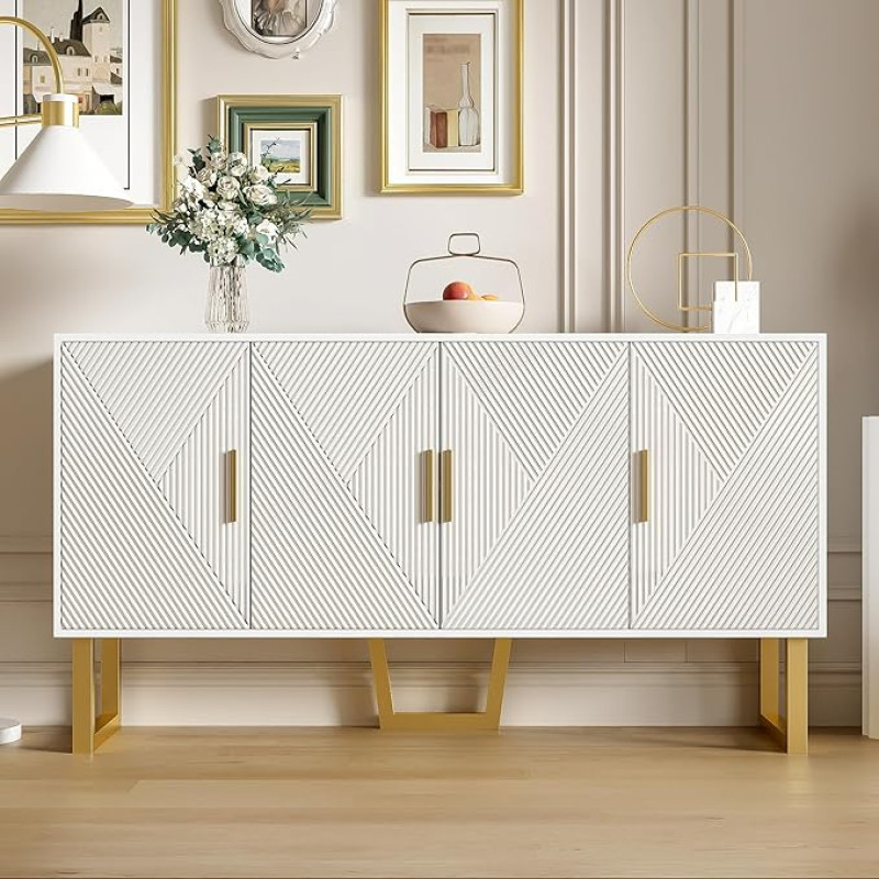 150cm Modern Luxury White Sideboard with High Gloss Textured Doors and Gold Handles, 4 Door Design, Height Adjustable Shelves