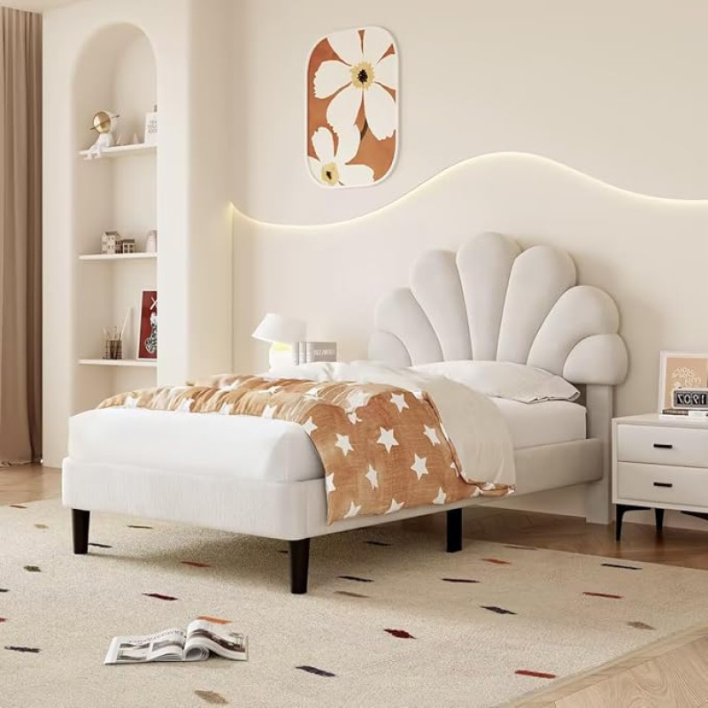 BTM 3ft x 7ft Single Upholstered Single Bed with Height Adjustable Headboard and Solid Wood Slatted Beige Velvet (Mattress Not Included)