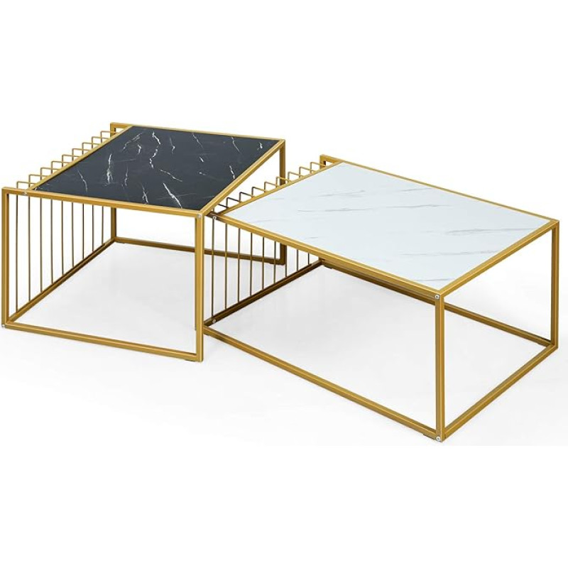 LIFEZEAL Set of 2 Coffee Tables with Marble Look, Coffee Table with Golden Steel Frame, Sofa Table, Side Table for Living Room and Office