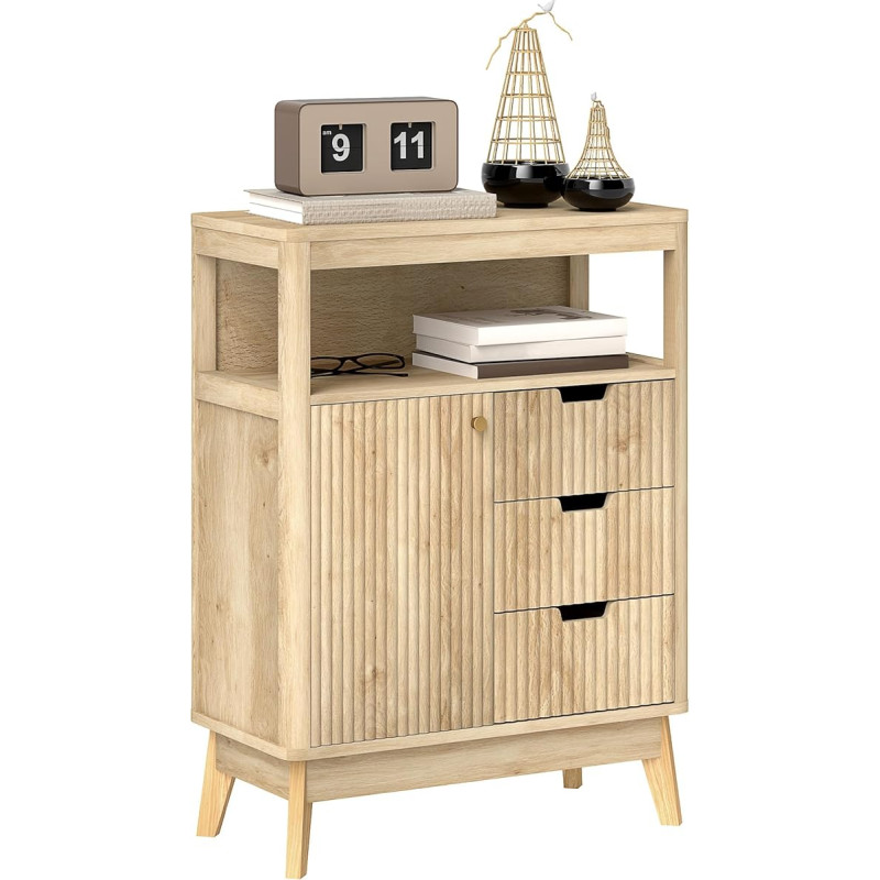 HOMCOM Sideboard Ribbed Modern Storage Cabinet with Single Door Drawers and Adjustable Shelf for Living Room Kitchen Dining Room Bathroom Bedroom Natural Wood Effect