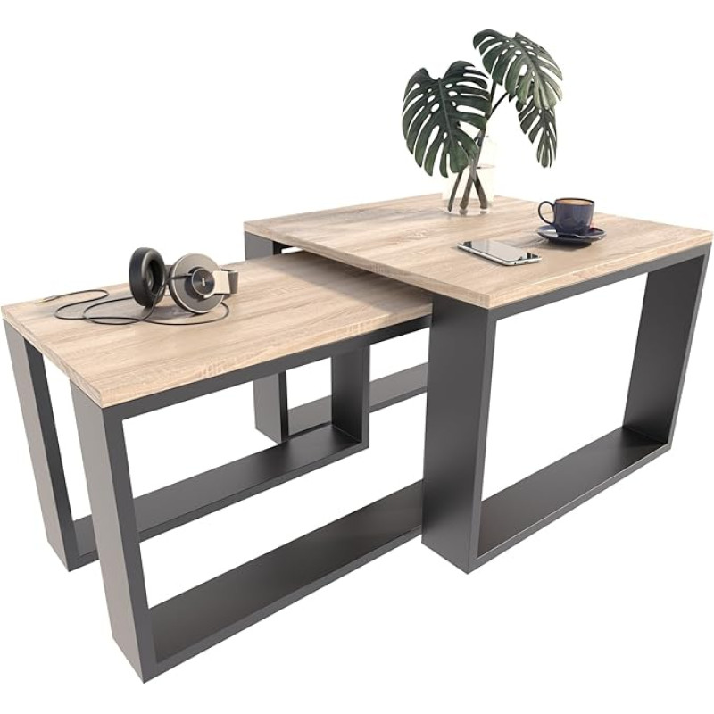 MATKAM Set of 2 Coffee Tables, Industrial Style High Side Table W 60 x D 60 x H 43.3 cm, Low Side Table W 39 x D 39 x H 40.8 cm, Easy Assembly (Sonoma Oak)