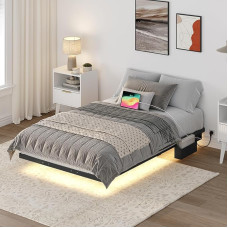 MAHANCRIS Bed Frame 90 x 200 cm, Bed Frame with Charging Station and LED Strips, Metal Bed Frame, Floating Bed Frame, Double Bed, Single, for Bedroom, Guest Room, Black ABFBK536UE01