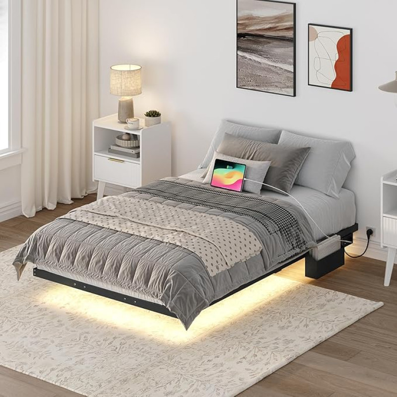 MAHANCRIS Bed Frame 90 x 200 cm, Bed Frame with Charging Station and LED Strips, Metal Bed Frame, Floating Bed Frame, Double Bed, Single, for Bedroom, Guest Room, Black ABFBK536UE01
