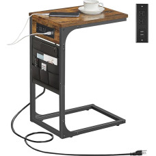 TUTOTAK C-Shaped Side Table with Charging Station, Side Table for Sofa, Coffee Table with Storage Bag, TV Tray with 2 USB Ports and Outputs for Living Room, Bedroom, Brown
