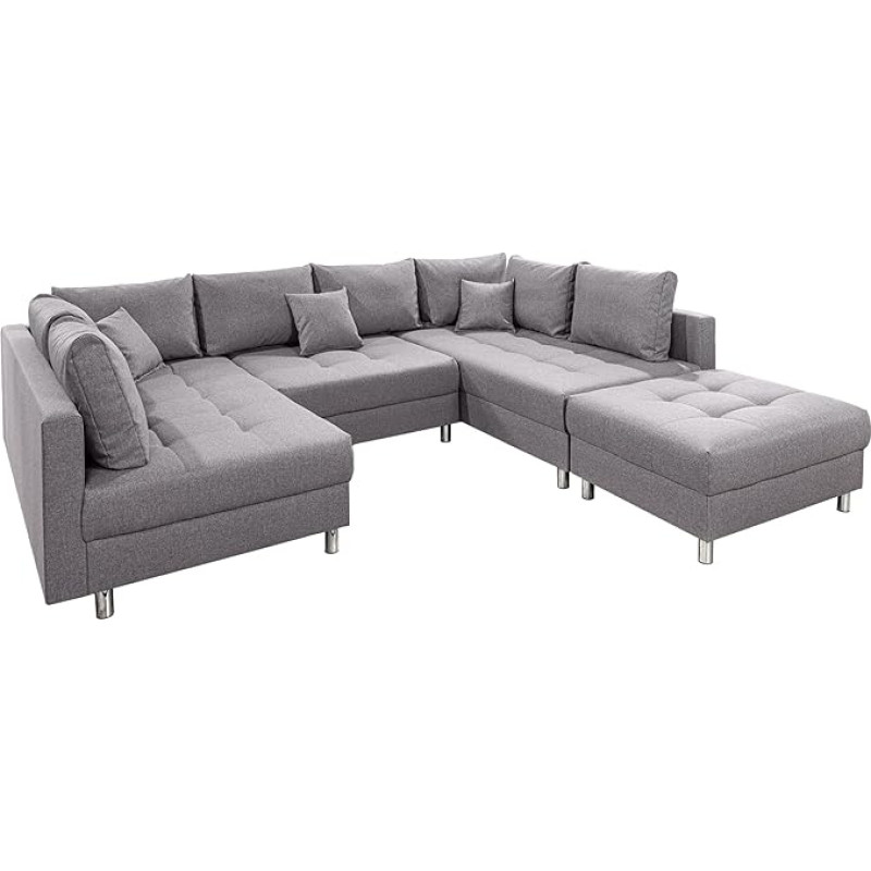 Riess Ambiente Modern XXL Living Area Kent 305 cm Grey Big Sofa with Spring Core Couch Including Stool