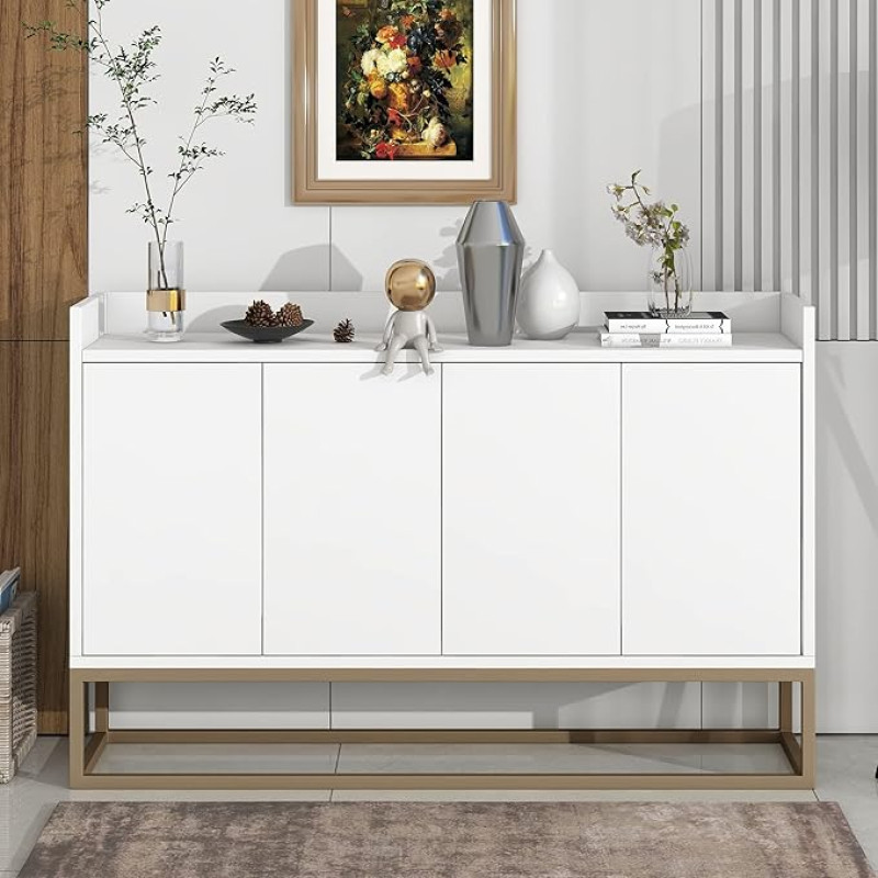 Chest of Drawers, Sideboard with Golden Metal Leg, 120 x 30 x 80 cm, Modern Sideboard in Minimalist Style, 4-Door Handle-Free Buffet Cabinet for Dining Room, Living Room, Kitchen (White)