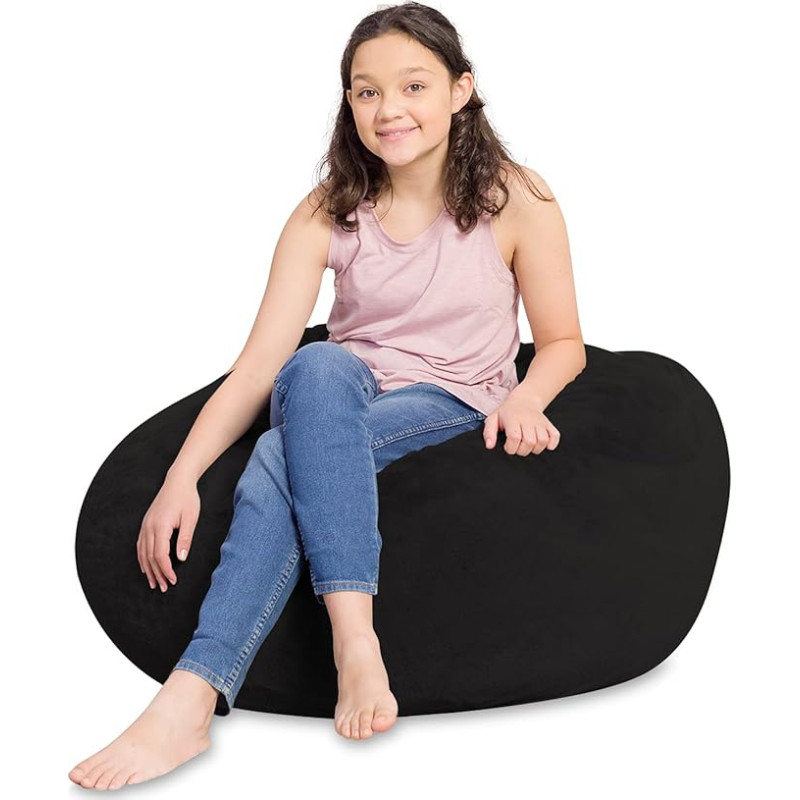 Posh Creations Bean Bag for Kids, Teens and Adults, Removable and Machine Washable Cover, Soft Rabbit Fur, Black, 38