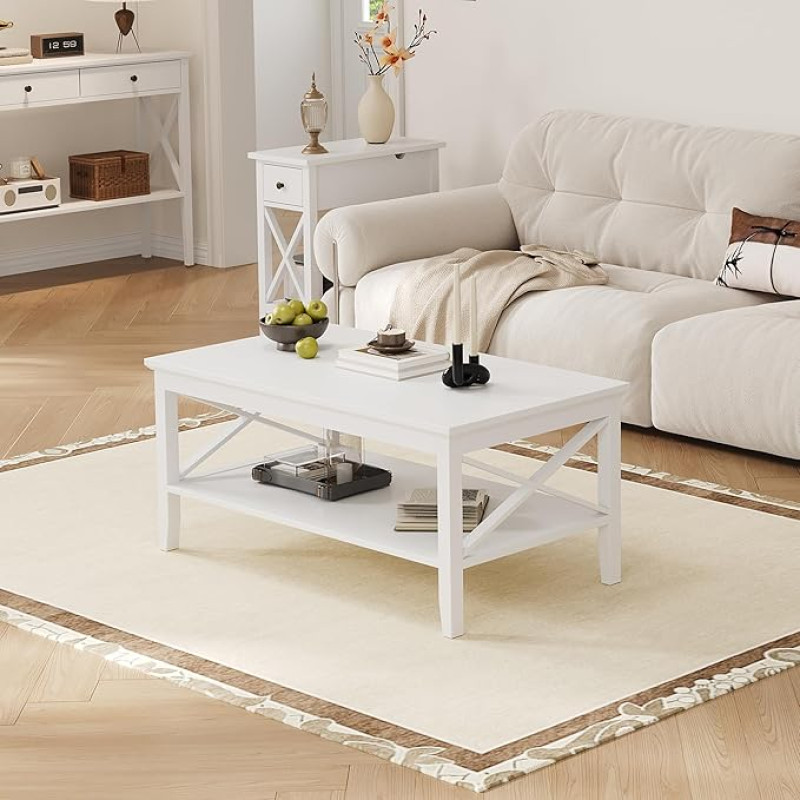 ChooChoo White Coffee Table Classic X Design Living Room Rectangular Modern Cocktail Table with Shelf 39