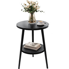 Uptyia Side Table 2 Tier Black Round Coffee Table Diameter 38 x 55 cm Modern Living Room Bedroom Easy Assembly Minimalist Style