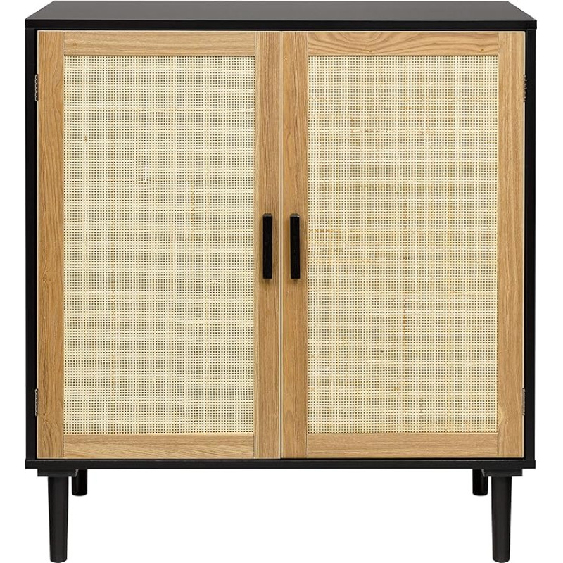 Finnhomy Sideboard Living Room with Rattan Decorated Doors, Kitchen Cabinet, Kitchen Cabinets, Storage Cabinet for Dining Room, Hallway, Sideboards (L 80 x W 40 x H 88 cm, Black)