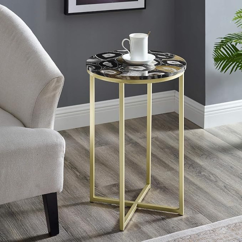 Walker Edison Modern Metal Marble Round Side Table Living Room Storage Small Side Table 16