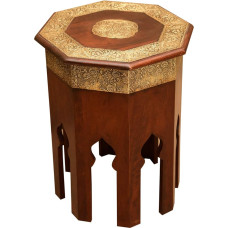 Oriental Coffee Table Solid Wood with Brass Diameter 40 cm in Red/Brown Gold Moroccan Coffee Table Vintage Look MA79-25