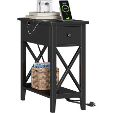 ChooChoo Side Table with Charging Station, Slim Side Table with USB Ports and Sockets, Bedside Table with Drawer for Small Spaces, Bedside Tables for Living Room, Black