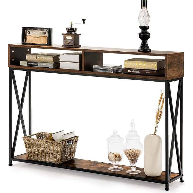 LIFEZEAL Console Table, Hallway Table with Open Shelves & Shelf, Side Table Storage Shelf with Sturdy X-Frame, for Living Room, Hallway (Brown)