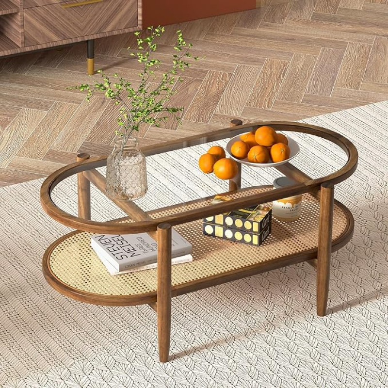 GIANTEX Rattan Oval Coffee Table, Living Room Table Wood with Glass Top and Rattan Shelf, 102 x 56 x 47 cm, Coffee Table, Living Room, Side Table, Tea Table, Oak with Solid Wooden Legs, Oval Sofa