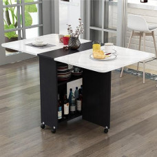 Folding Dining Table with 6 Wheels Drop Leaf Design Gateleg Table with 2 Open Storage Shelves - Perfect for Work Study and Dining - Stylish Black & White Finish