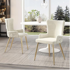 Goeria Velvet Dining Chair, Set of 2, Luxury Living Room Lounge Chair with Four Gold Metal Support Legs Bedroom, Beige (2)