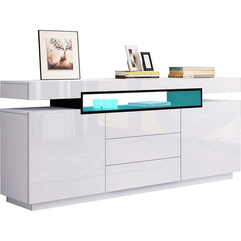 LED Sideboard High Gloss Buffet Cabinet Display Cabinet 160 cm TV Unit Stand 2 Doors 3 Drawers for Living Room Furniture White