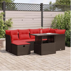 Rantry 7-TLG. Garten-Sofagarnitur mit Kissen Braun Poly Rattan Akazie Gartenlounge Model3327784