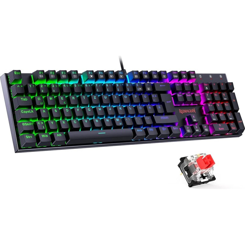 Redragon Mechanical Gaming Keyboard, QWERTZ Keyboard (German Layout) with Red Switch for PC Gamer Work, 105 Keys Programmable Wired Keyboard, Steel Case, RGB Lighting