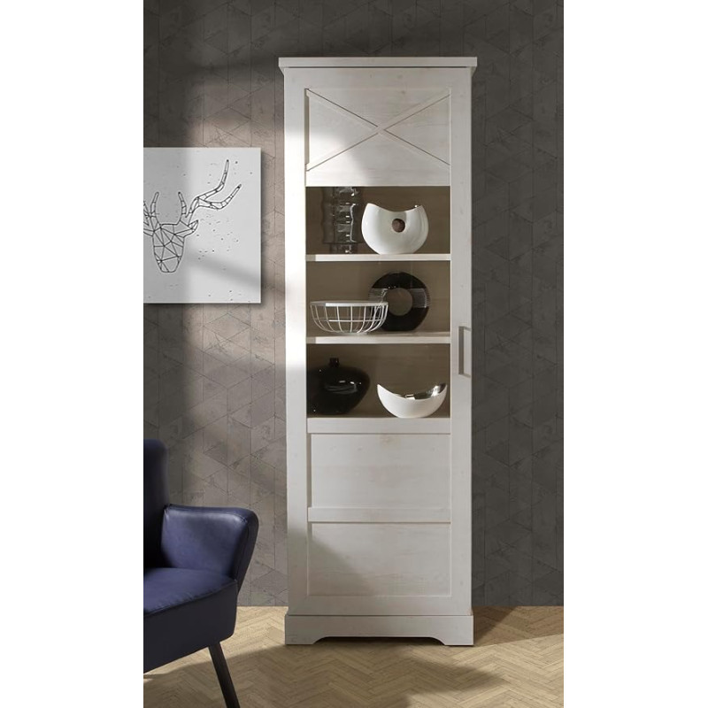 Forte Rockhampton 70 Showcase, Living Room Display Cabinet, Modern, White, Left-Handed Display Cabinet with 2 Doors, Wood Material, Pine Wood Decor/White, 68.5 cm Wide x 206.2 cm High x 42 cm Deep