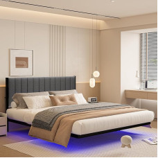 ARFARLY King Size Bed Frame Floating Bed Frame with LED Lights and Charging Station, Metal Platform Bed Frame King Size with Padded Headboard, No Box Spring Required, Steel Slat Support