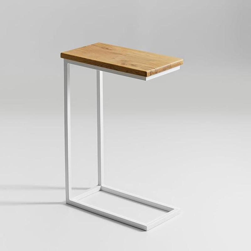 BestLoft.de Small Side Table Couch Black White Wood Laptop Table C Shape Sofa Table Side Table Tray Table Oak Bed Table Bedside Table High Laptop Table for Couch Small Living Room Table (CWH-W)