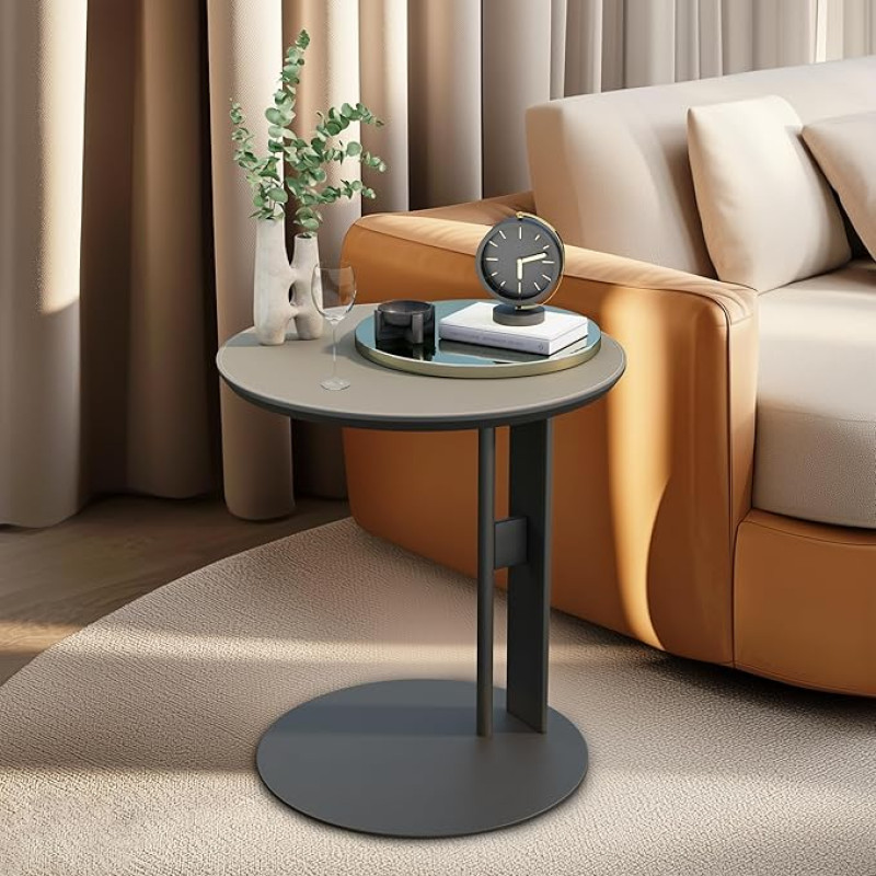 Artloge Side Table Round Sofa Table C-Shape Small Side Table Stylish Coffee Table Luxury Scratch-Resistant Leather Living Room Table with Metal Frame for Couch and Sofa 46 x 46 x 50 cm, Grey